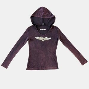 Sledge USA Womens L XL Ribbed Hooded Top Winged Heart Cyber Y2K Vintage Grunge